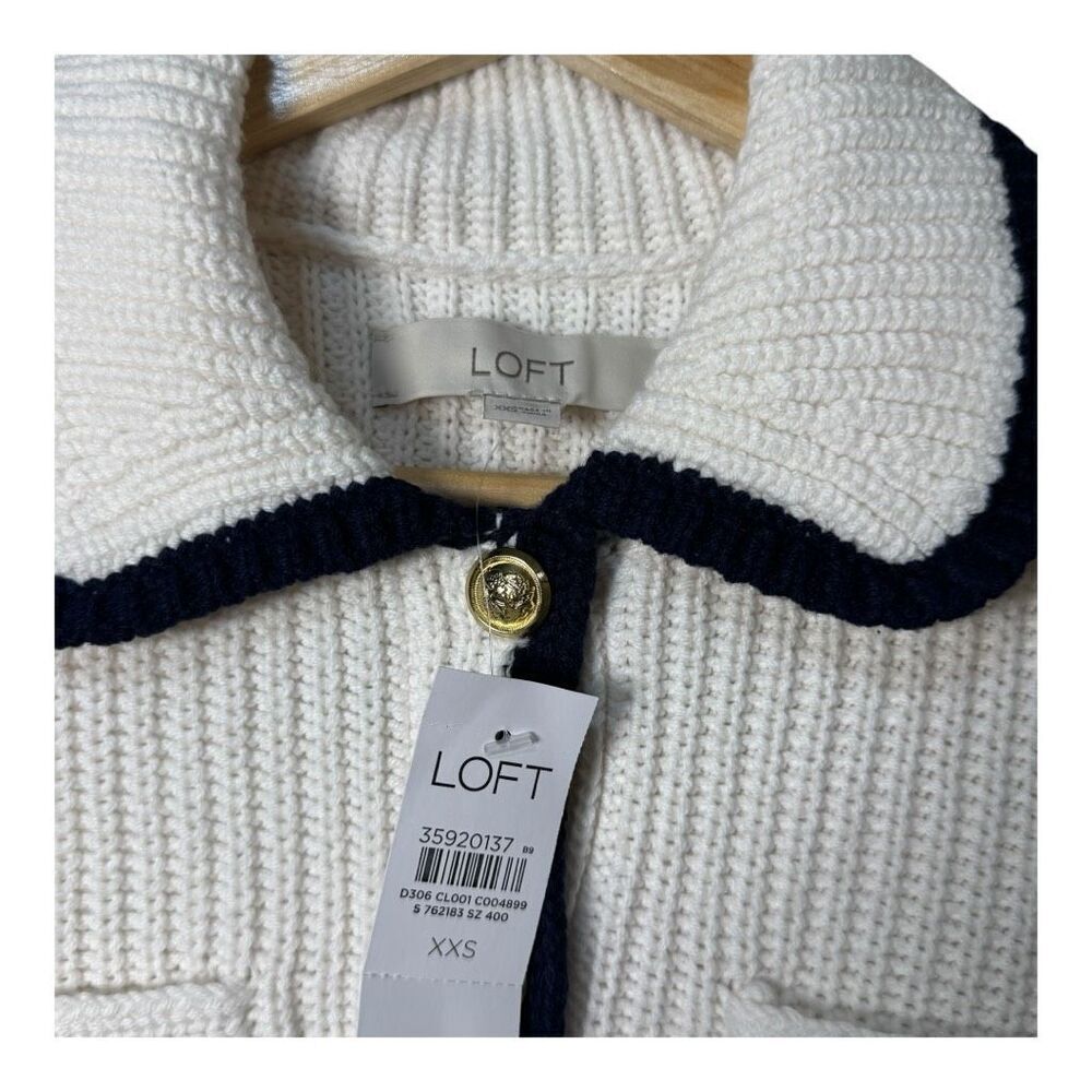 Loft tipped ribbed sweater jacket cream‎ navy blue trim  xxs - Picture 6 of 11